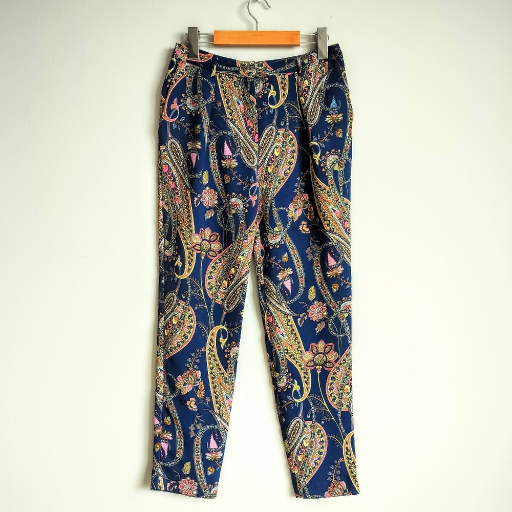NWOT MNG Boho Paisley Blue High Waisted Straight Leg Trousers sz. 2